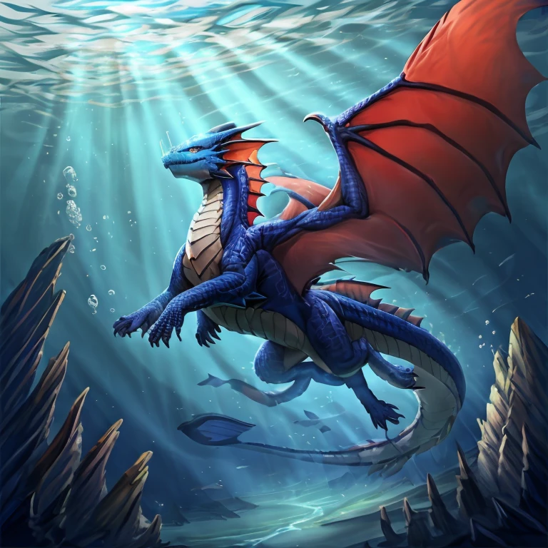 Underwater, deep underwater, ocean depths, looking up, aquatic dragon swimming overhead, looking at dragon from below, body like an alligator, large powerful tail, swimming with tail, wide shot, breathtaking, gorgeous
