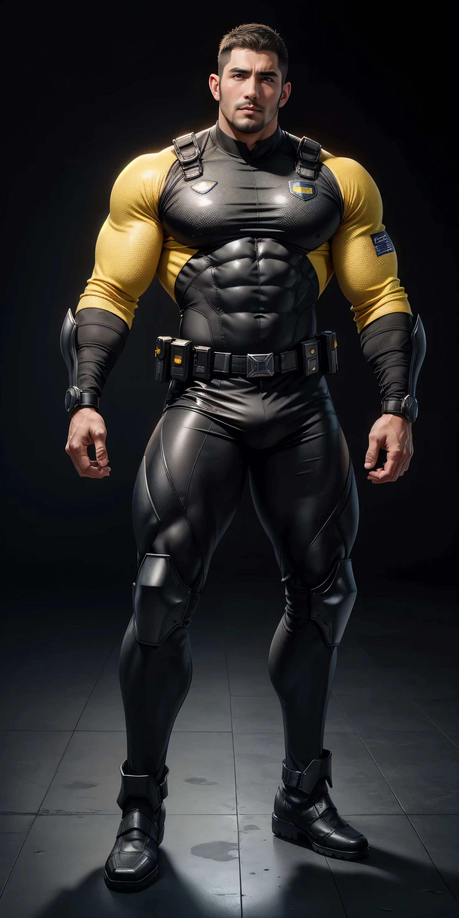 Tall giant muscular police officer，Yellow-gray honeycomb network pattern nano mecha，Honeycomb pattern，Lightweight texture，character concept（Resident Evil - Chris Redfield，Chris Redfield）senior police officer，Small grid texture，Regular symmetrical texture pattern，A sad expression，Deep and charming eyes，emerald eyed hero，Heroic male pose，tall Burly，muscular！Attractive leg muscles，High, Burly, Heqiang，  Super Buff and Coolness， High Resolution Committee， Yellow-gray ultra-thin nano-mechanical big-foot boots，Charismatic strongman，The bright sunshine shines on you，Matte particles，Shiny texture