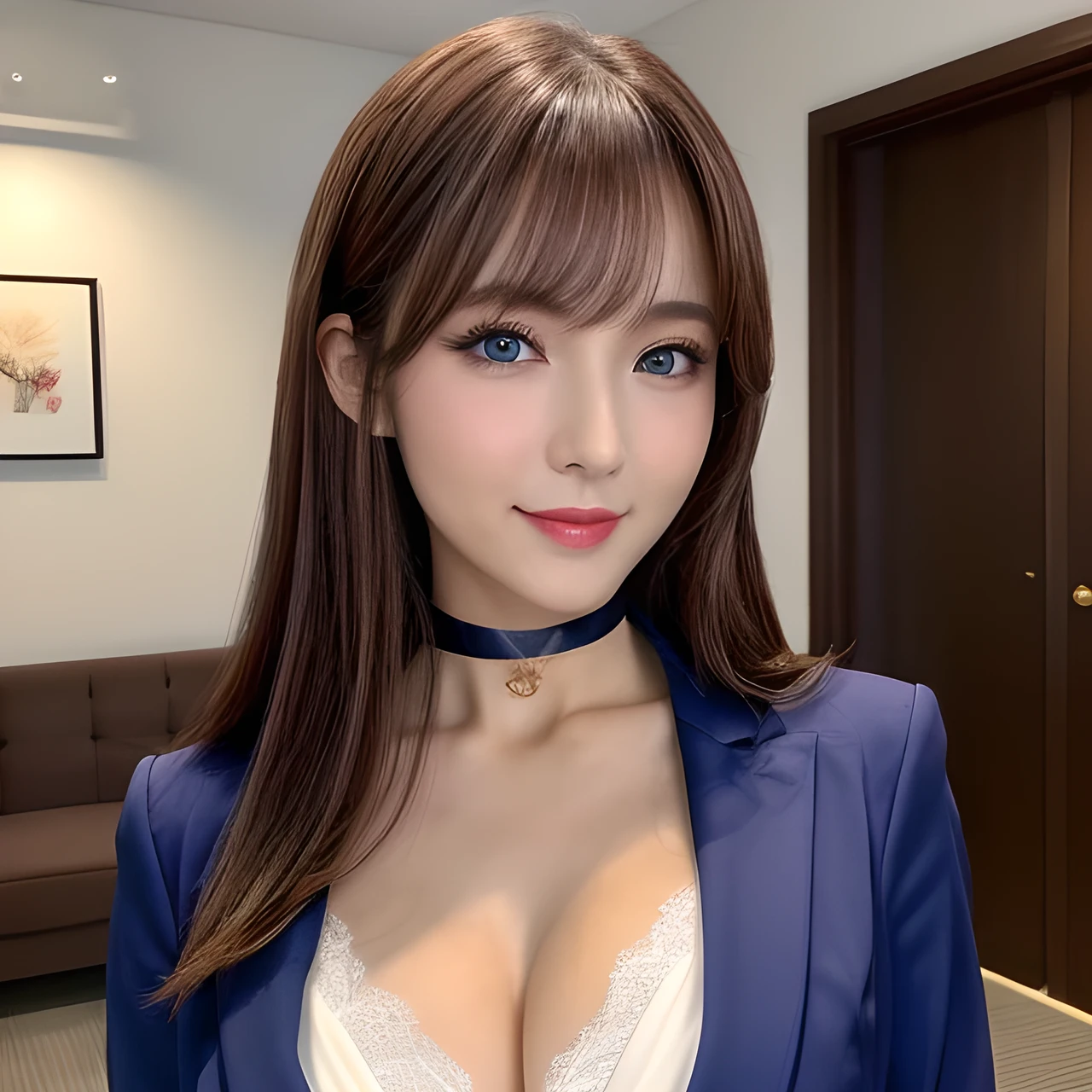 masterpiece, Front view, Cute Japanese aristocratic woman, (輝くBrown Hair, Straight Long Hair), ((ivory business suit, Office Ladyファッション, Office Lady)), Very cute face, Glossy Lips, Double eyelids on both eyes, Natural Makeup, Brown Hair, Asymmetrical bangs, High resolution, Attention to detail, Detailed hairstyle, Detailed face, Octane Rendering, Ultra-realistic, Perfect limbs, ((Black choker)), blue eyes, (Big Breasts), ((Slim body:1.5)), Cool Beauty, ((Slim face)), smile, Mature Woman, Browsing Caution:-1.2, Long, Bushy Eyelashes, Cleavage, Satin dress, ((Reception room)), meal, Meal, Private room, ((I'm sitting and having a meal.))
