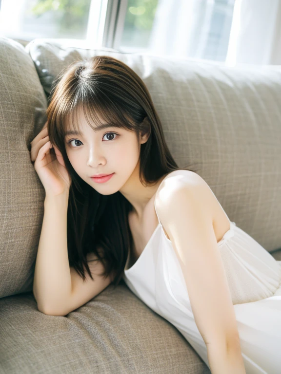 Wearing a white dress lying on the sofa,27 years old,Japanese women, Medium Hair,Young and cute gravure idol, Young and skinny gravure idol, Young Gravure Idol, realistic Young Gravure Idol, Young Sensual Gravure Idol, A sophisticated gravure idol