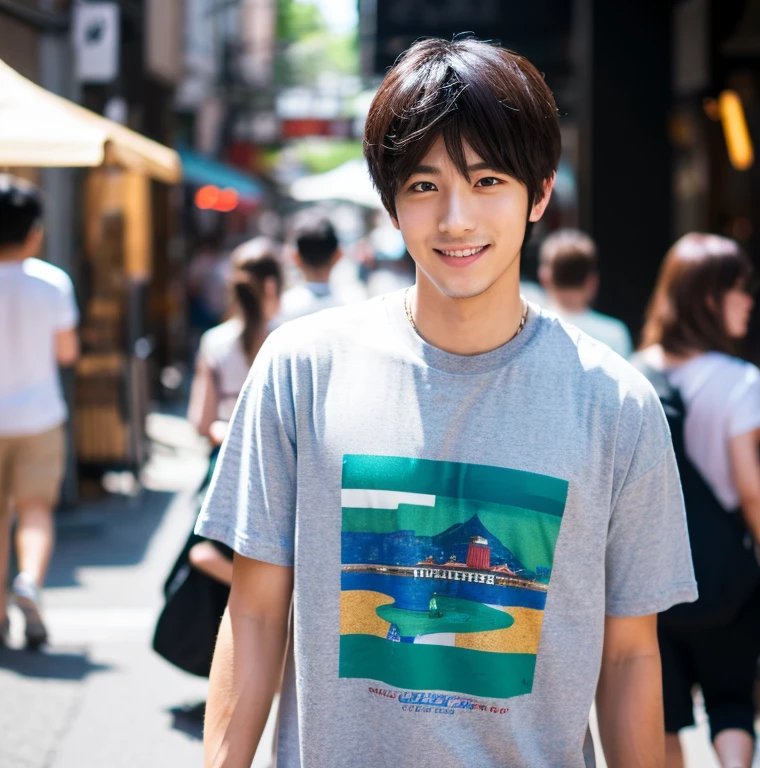 high resolution,8K,Standing in the city,23 year old Japanese male,Cute,good looking,Double,seems kind,Refreshing,Wearing a T-shirt