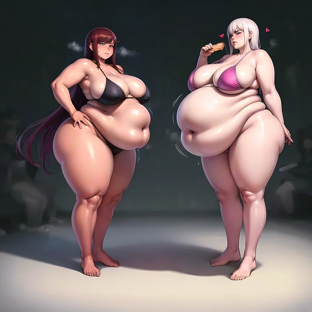 A young woman in a bikini, massive bloated overstuffed heavy protruding bulging obese belly, hyper massive fat tall wide round heart shaped bubble butt, wide fat hips, massive fat round breasts, deep long cleavage, so full it hurts, gurgling belly, sloshing belly, distended belly, churning belly, it hurts being so full but it feel so good, squishy belly, bellies squished together, breasts squished together, they cant stop eating, they keep eating even though they’re so overstuffed it hurts, red skin on belly, extremely painfully overstuffed bloated bulging bellies, she’s jealous of how fat her friend is, breasts fatter than belly, sagging belly, belly apron,