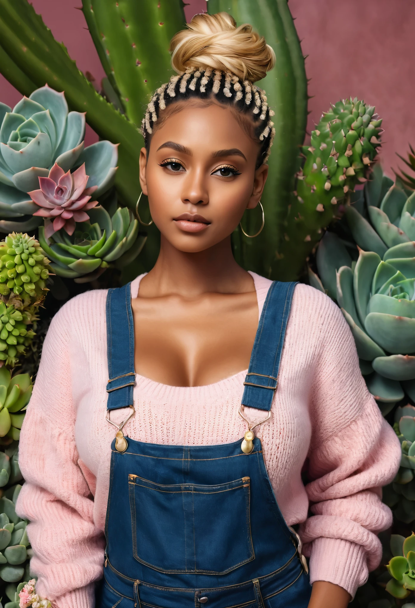 High resolution, 4k image quality, high detail, masterpiece, realistic skin, anatomically correct, sharp, ((flowering succulents, plants and flowers background)), ((dark skinned, mixed culture woman 28yo)), alone, ((face details)), wearing overalls, gardening gloves, good shape medium breasts, blonde-amber hair in messy top bun, Curvy body type (((stand upright, facing the center of the screen.))), blush cheeks, Close your mouth and look straight ahead, sweater, skirt, ((cowboy shot)),