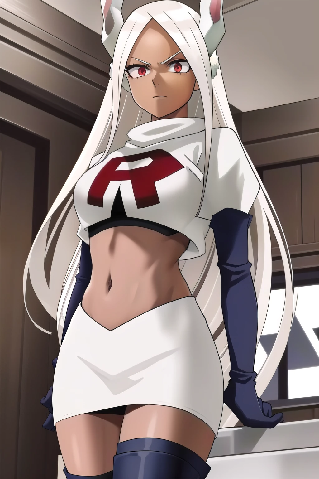 ((best quality)), ((highly detailed)), masterpiece, (detailed eyes, deep eyes), (1girl), (cowboy shot), mirkomha, boku no hero academia, white hair, very long hair, (red eyes), ((dark skin:1.3)), muscular female, rabbit ears, large breasts, team rocket,team rocket uniform,white skirt,red letter R,crop top,black thigh-highs,black elbow gloves