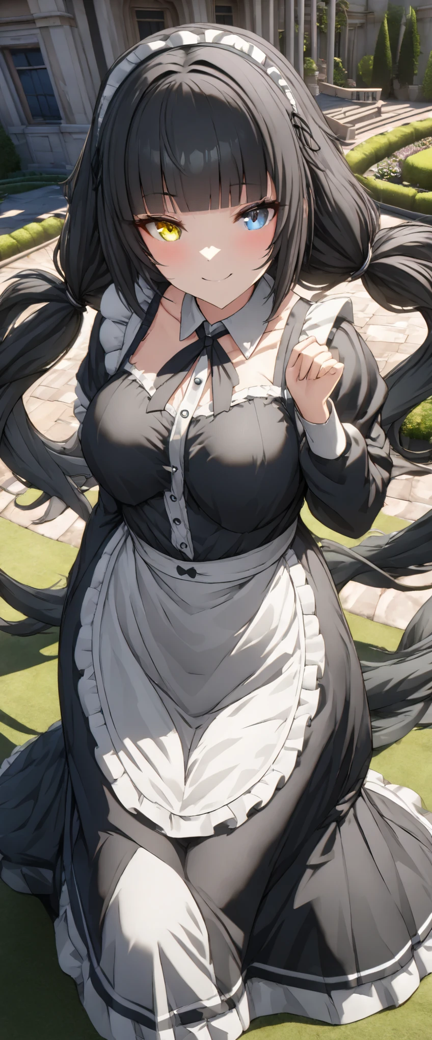 (((best quality ultra-detailed,unity 8k))),(edwardian Maid),long skirt(,heterochromia green eye yellow eye),smile,Garden of the mansion,(((low twin tail:1.5))),Black Hair,(((medium hair))),((blunt bangs:1.8)),Two knots