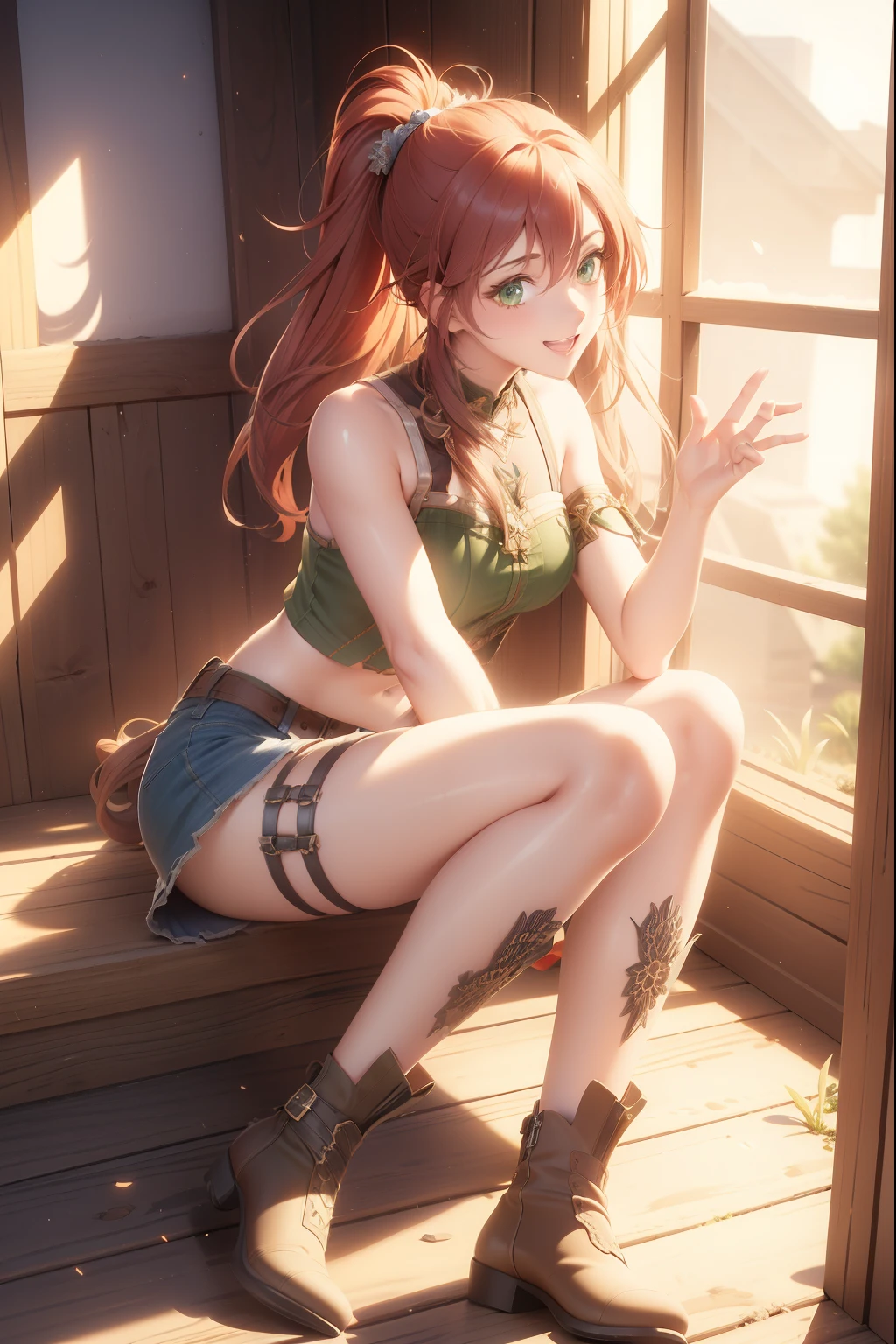 (extremely detailed CG unity 4k wallpaper),(masterpiece),(best quality),(ultra-detailed),(best illustration),(best shadow),(absurdres),(detailed background), Red long hair (Ponytail), green eyes, Daisy dukes, Smiling, Boots, Farm,