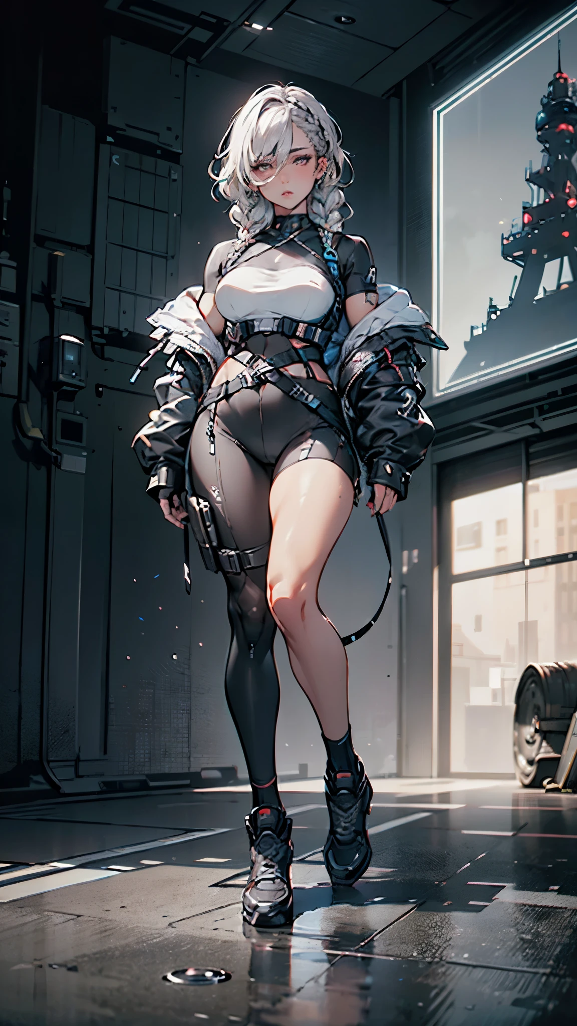 Realistic,masterpiece,best quality,cinematic lighting,natural shadow,highest detail,professional photography,detailed background,depth of field,insane details,intricate,aesthetic,detailed face,subsurface scattering,realistic hair,realistic eyes,
r1ge,1girl,muscular,photo of a girl,20yo,full body,french braid hair,crew cut,looking at viewer,Cyberbike,CyberAircraft,SPMAV,
techwear,
Neonpunkai,