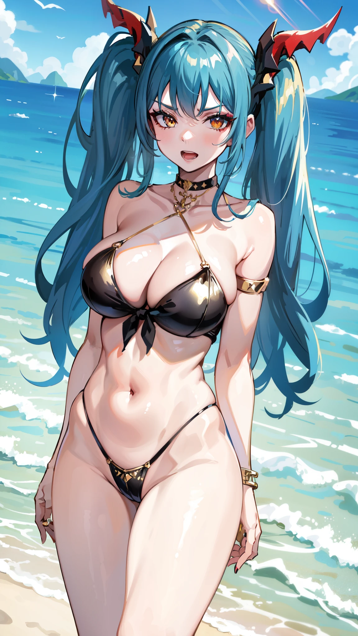 , cleavage,saggy breasts,angry, , navel, solo, ,open mouth,cowboy shot,smile,wide hips,,twintail,blue hair,beach,ocean,blue sky, front tie top,.choker,,sunlight,toe ring,anklet,gold choker,gold armlet,gold thigh ring,gold necklace,,water,masterpiece,best quality,ultra detailed,make-up,rouge,mascara, best quality, best quality ,masterpiece,an extremely delicate and beautiful, extremely detailed, Amazing, finely detail, 8k wallpaper, , ultra-detailed, highres, extremely detailed, 8K, Ultra-High Definition, highest quality, ultra high resolution, , High quality texture,Highly detailed,Open mouth, ,