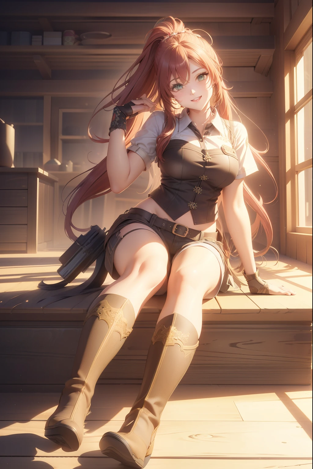 (extremely detailed CG unity 4k wallpaper),(masterpiece),(best quality),(ultra-detailed),(best illustration),(best shadow),(absurdres),(detailed background), Red long hair (Ponytail), green eyes, Daisy dukes, Smiling, Boots, Farm,