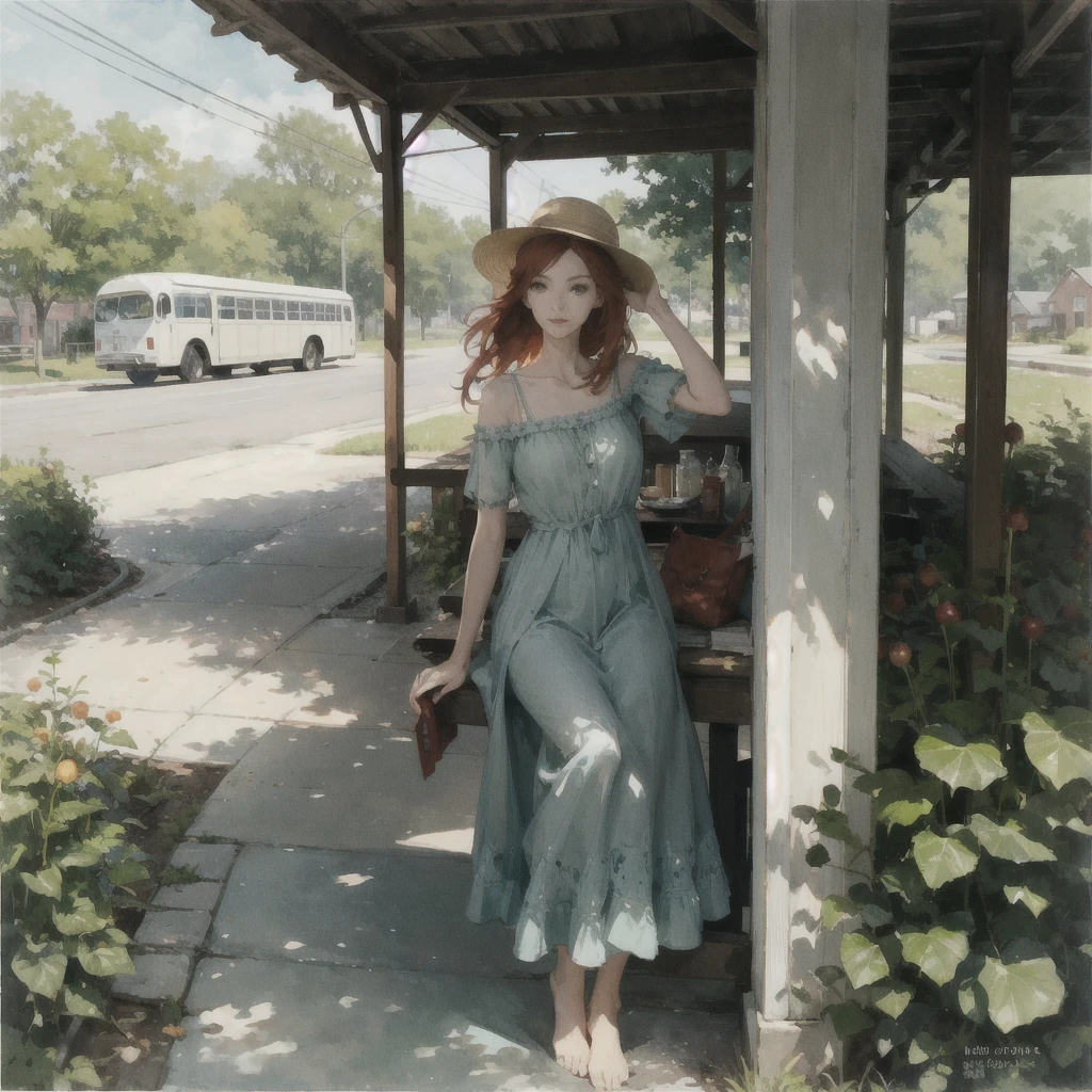 a beautiful slender thin girl with a perfect face of the southern type with red hair in a 19th century dress in a hat with a book and an apple stands barefoot (near a big old bus) at the bus station, summer, A warm sunny day, in a gentle watercolor style, Discreet shades, sfumato, haze, diffused dim light, delicate mint shades, imitation of film photography, olive and grape shades, Brick Road, Brick house, coffee, High image quality, Maximum detail, big space eyes