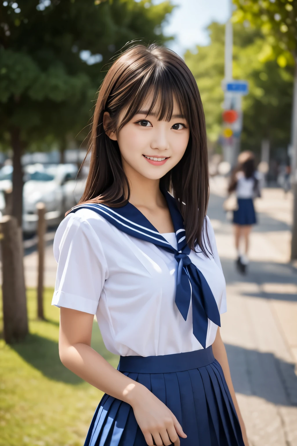 masterpiece, highest quality, 8k, 1 girl, (18-year-old), alone, Close-up of face,(Super cute idol-like face:1.2), Delicate girl, Black Hair, Slightly longer bob hair, Middle straight hair, bangs, View your audience,clear, Sophisticated, Professional Lighting, Film Grain, Beautiful appearance, (White shirt, Sailor , Navy blue pleated skirt:1.2), Upper Body, Small breasts, smile, (On the way home from school), RAW Photos,