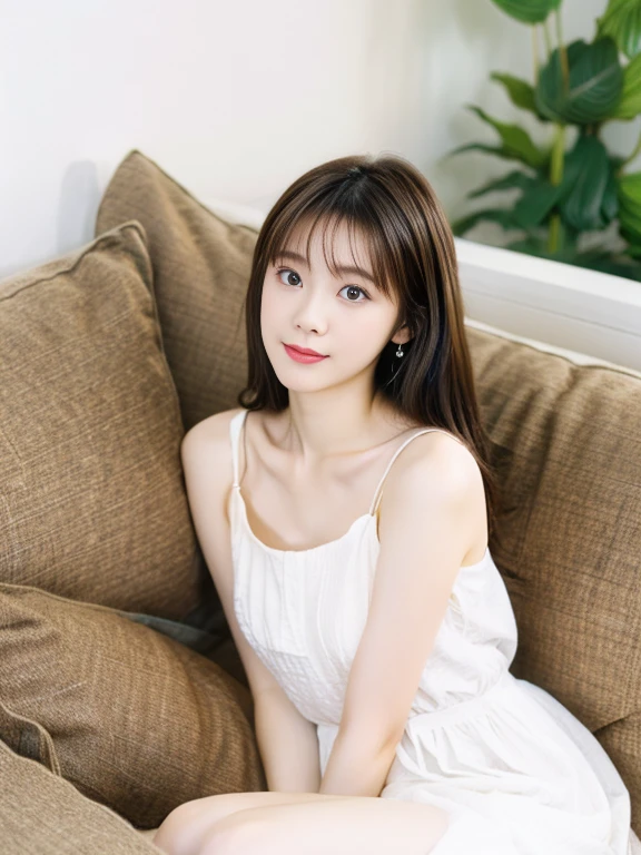 Wearing a white dress lying on the sofa,27 years old,Japanese women, Medium Hair,Young and cute gravure idol, Young and skinny gravure idol, Young Gravure Idol, realistic Young Gravure Idol, Young Sensual Gravure Idol, A sophisticated gravure idol