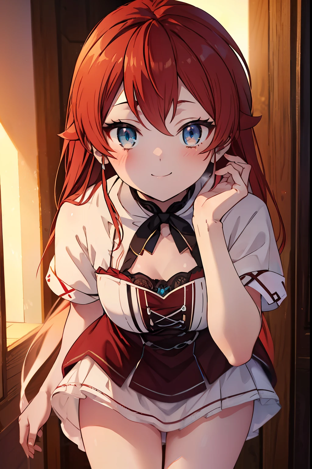 Eris Greyrat,,Red hair、blush,smile,Captivating thighs、Very cute clothes
（masterpiece:1.2), highest quality, High resolution, unity 8k wallpaper, (shape:0.8), (Beautiful and beautiful eyes:1.6), Highly detailed face, Perfect lighting, Highly detailed CG, (Perfect hands, Perfect Anatomy),