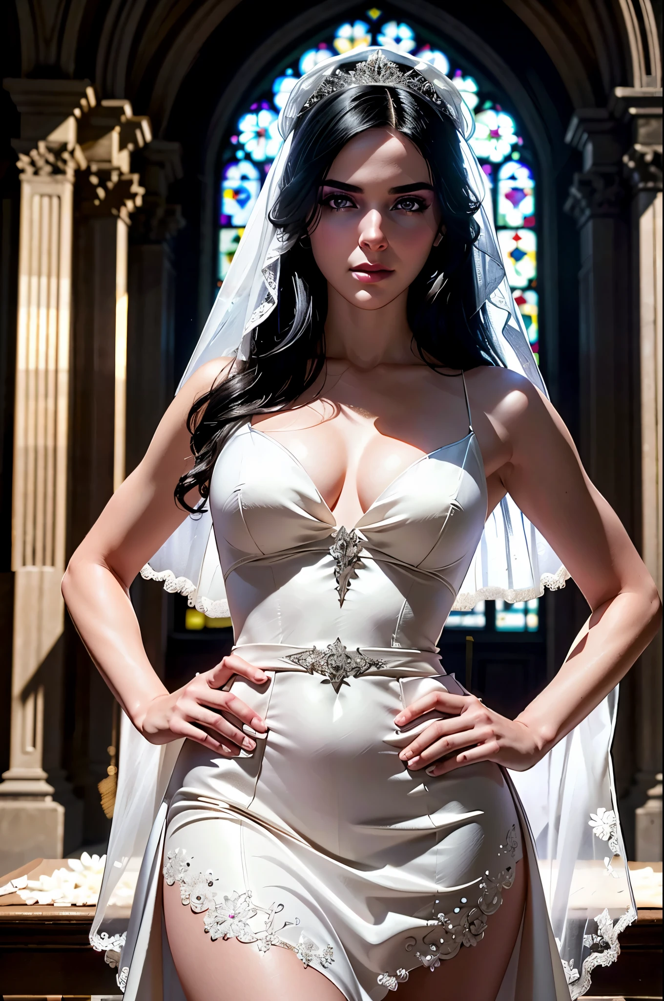((ultra detailed, masterpiece, best quality))
W3Yennefer, 1girl, solo, purple eyes, dress, wearing a stunning wedding dress, bridal veil, inside a beautiful church, with hands on hips