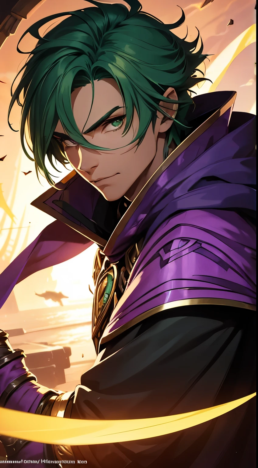 1 male, a close up of a person with a purple cape, starfinder character, numenera, d&d rogue, d&d dark sun character art, from pathfinder, fantasy ttrpg villain, , cultist, thief, male, style of starfinder, ((green hair))