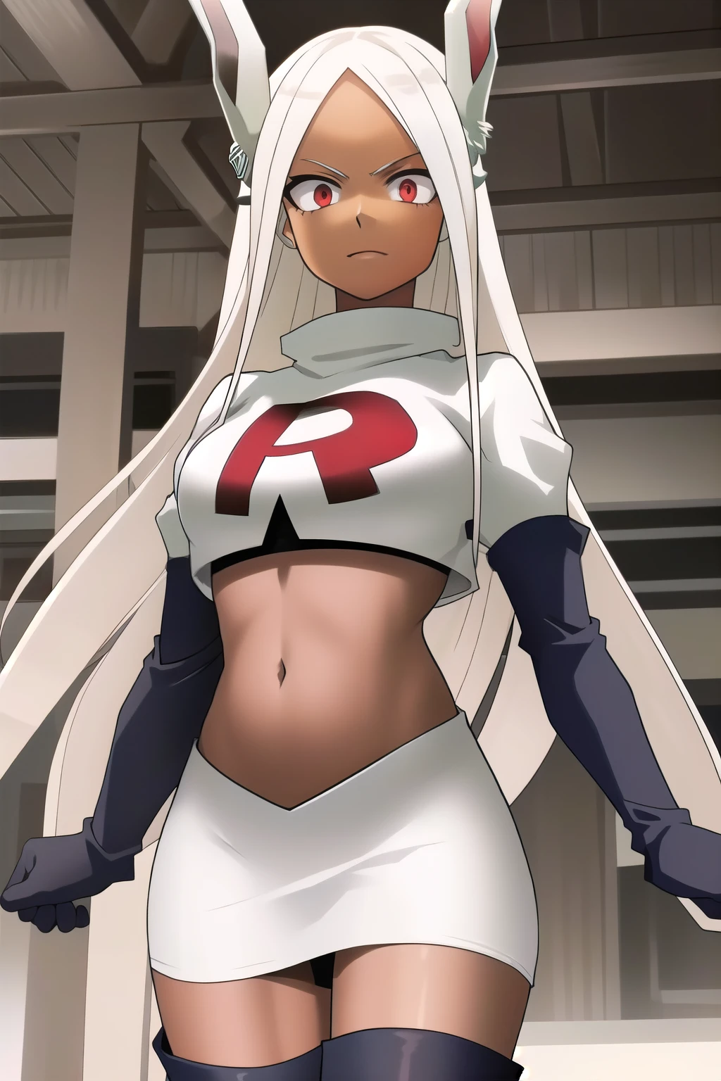 ((best quality)), ((highly detailed)), masterpiece, (detailed eyes, deep eyes), (1girl), (cowboy shot), mirkomha, boku no hero academia, white hair, very long hair, (red eyes), ((dark skin:1.3)), muscular female, rabbit ears, large breasts, team rocket,team rocket uniform,white skirt,red letter R,crop top,black thigh-highs,black elbow gloves