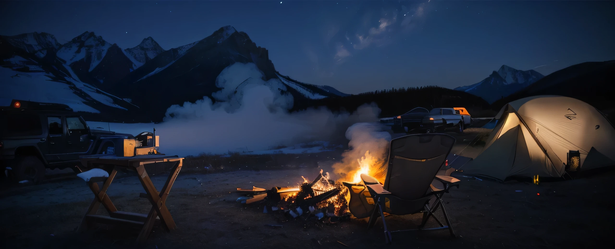 masterpiece，Real light and shadow，Best quality，night，camping，There is a jeep parked on the far left of the picture，A flashlight on a folding chair，The light from the bonfire illuminates the smoke from the bonfire，There is a bonfire in the middle of the picture，The back of a man sitting on a recliner on the right side of the picture，The far right of the picture is the camping tent