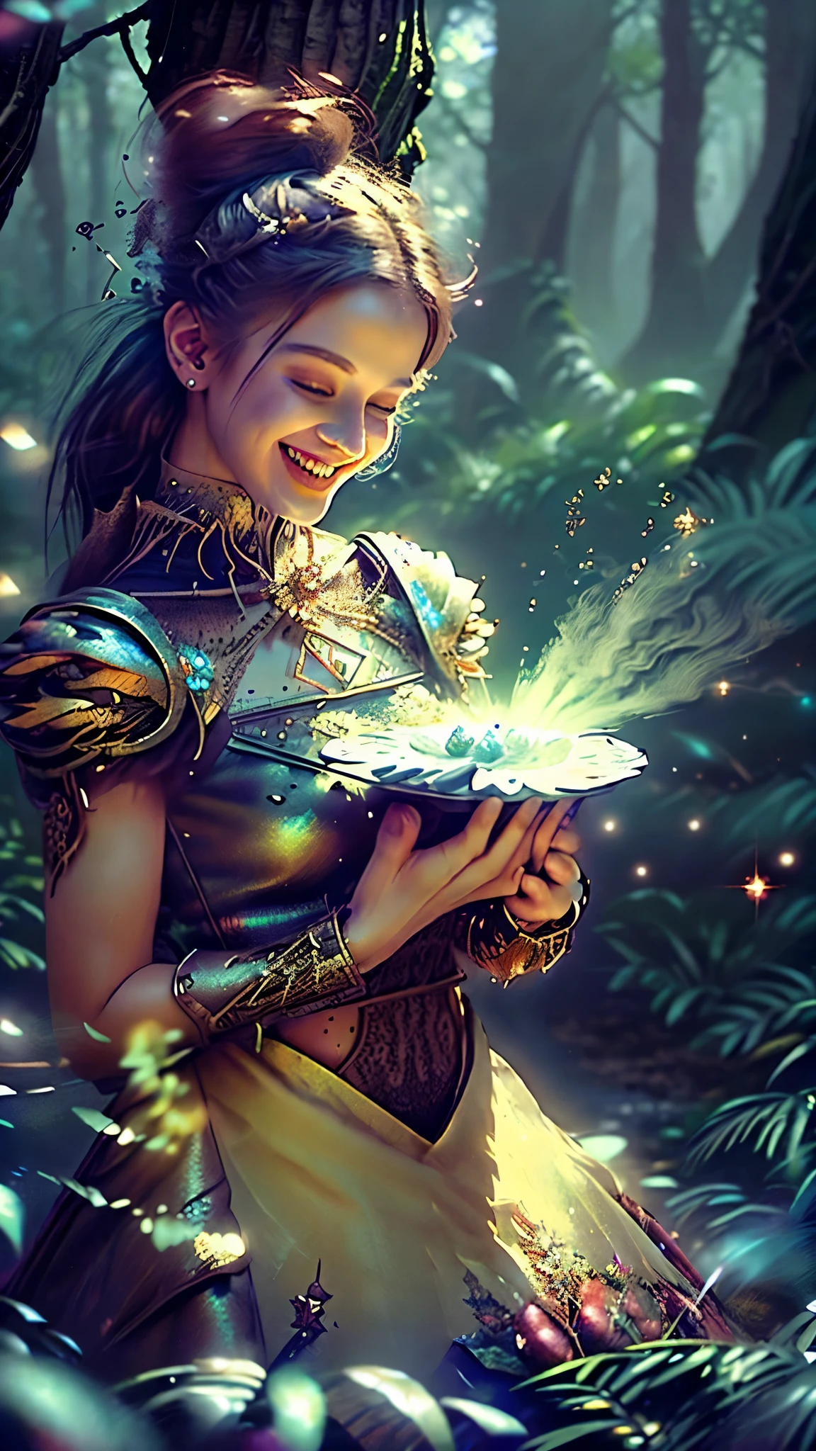 ((beautyful fantasy world)), ((beautyful fantasy world)), ((heaven)), sparkling elements, colourful crystal, forest, sunlight, sparkling complex fashion, smile, insane detail, hyper realistic, UHD, RAW, 16K.