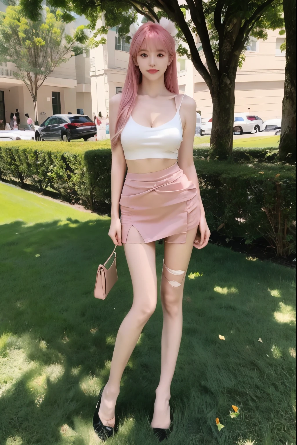 Beautiful woman with perfect body:1.4,Layered Hairstyle,Prominent cleavage,Highly detailed face and skin textures,Double eyelids,Skin Whitening,Long hair,Whitened long legs,Pink hair,(Tight T-shirt,miniskirt,Black pantyhose)Standing on the grass