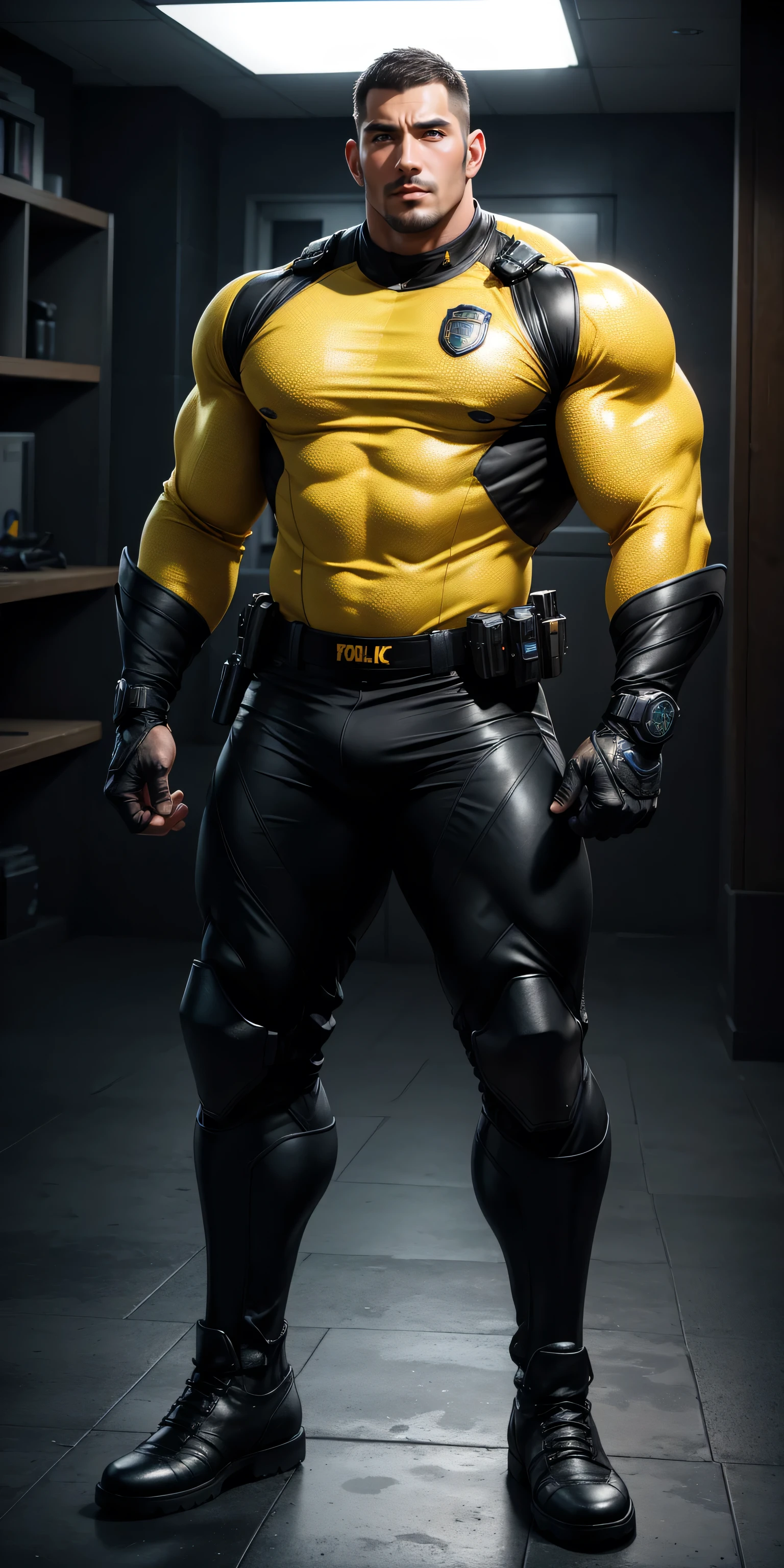 Tall giant muscular police officer,Earthy Yellow Honeycomb Network Pattern Nano-Mech,Honeycomb pattern,Lightweight texture,character concept(Resident Evil - Chris Redfield,Chris Redfield)senior police officer,Small grid texture,Regular symmetrical texture pattern,A sad expression,Deep and charming eyes,hero,Heroic male pose,tall Burly,muscular!Attractive leg muscles,High, Burly, Heqiang, Super Buff and Coolness, High Resolution Committee, Yellow ultra-thin nano-mechanical big-foot boots,Charismatic strongman,The bright sunshine shines on you,Matte particles,Shiny texture