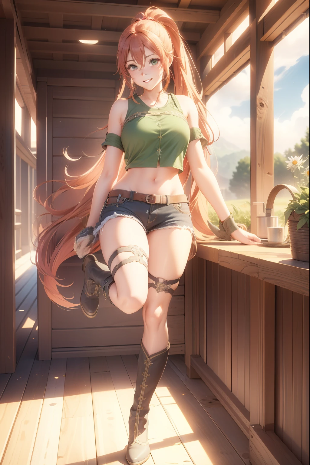 (extremely detailed CG unity 4k wallpaper),(masterpiece),(best quality),(ultra-detailed),(best illustration),(best shadow),(absurdres),(detailed background), Red long hair (Ponytail), green eyes, Daisy dukes, Smiling, Boots, Farm,