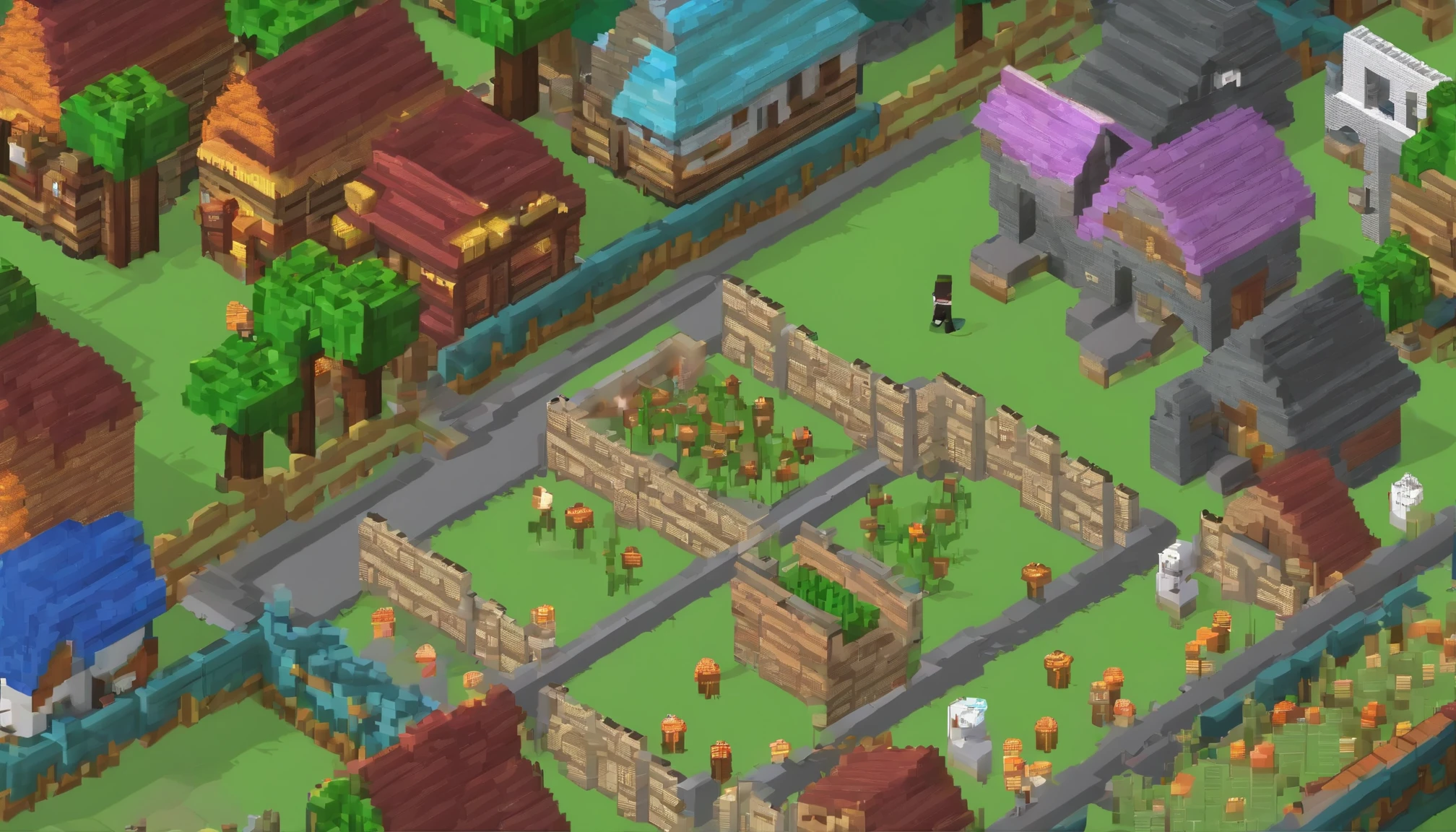Large fence around town,There are 20 buildings, isometry, 。.3D, Game art,pixel
