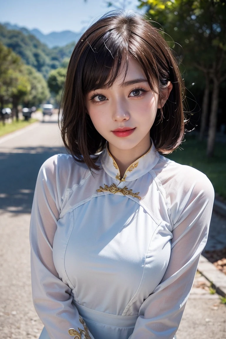 Top-quality Realistic,Official art,Highly detailed CG Unity 8k wallpaper,ultra-detailliert,hight resolution,Physically-based rendering,Magnificat,finely detail,masterpiece,Best Quality,ultra detailed,Mature beauty,Beautiful women,1girl,moist lips,sexy lips,Sexy smile,Gentle smile, 20 years old, Beautiful bare skin,Smooth bare skin, big well-shaped breasts, beautiful cleavage,beautiful Mature body,swept bangs,(Medium hair:1.3), beautiful detailed eyes,model shoot style,Japanese Idol,Full-body,((in Trang An Landscape Complex)),BREAK, ((Ao dai:1.3)),(vietnamese national costume),Standing model pose,Delicately expressed eyes,cute smile,standing position,A gentle smile like a goddess,(outstretched arms),((A look begging for a kiss)),((Extreme close-up)),