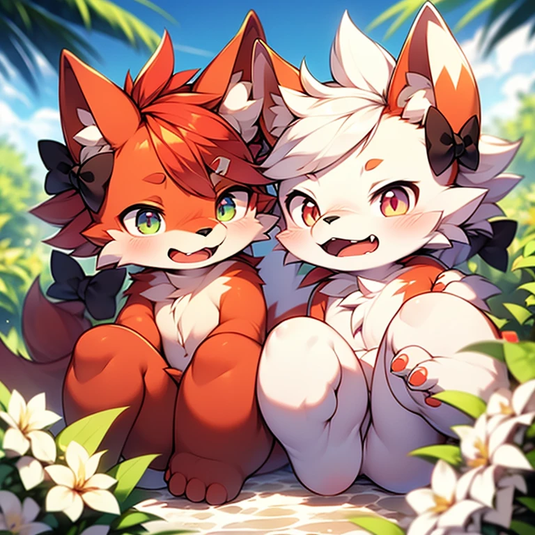 Red hair all over the body, White face, Palm white,The feet are white ,Bright Eyes,The eyes are gray,With black bow,White belly,The tip of the tail is white,Meatballs Pink,hairy,hairy male ,Flower charcoal,(Body hair, hairy尾巴, Red fur,),Long canine teeth,浑身hairy的,Completely naked,looking at camera,