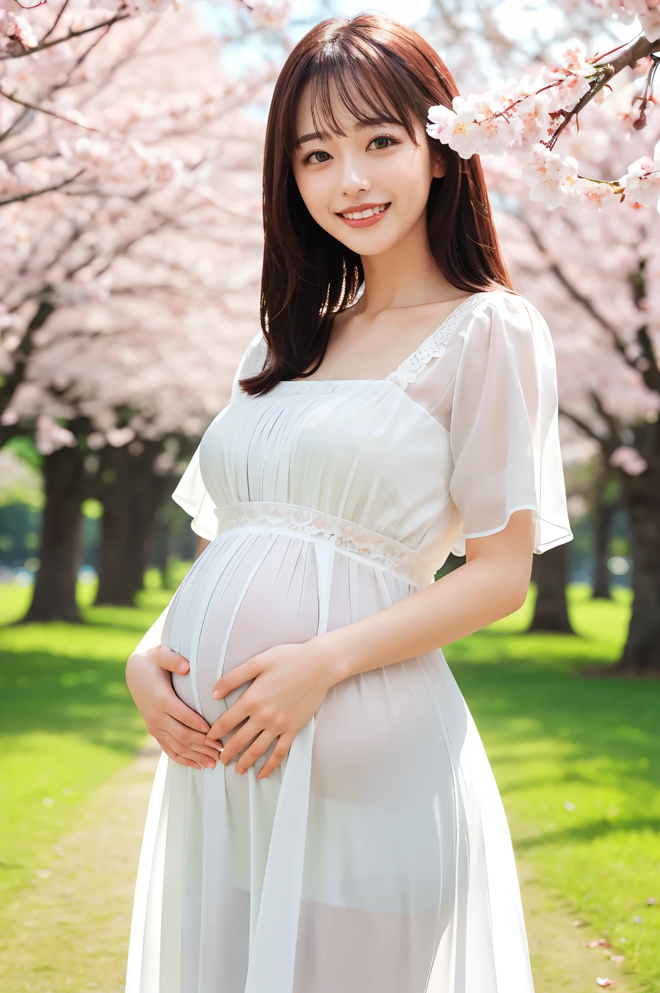 (highest quality、masterpiece、8k、Best image quality、Award-winning works)、1 female、Walk in the park、(pregnancy:1.1)、(alone:1.1)、(1 photo:1.1)、Elegant white maternity wear、See-through maternity wear、Perfect Makeup、thin、The biggest smile is looking at me、Perfect Anatomy、Standing full body photo、Blurred cherry blossoms in full bloom,、big grass park、Refreshing atmosphere、very bright and vivid、Beautiful eyes in ultra-high resolution、Ultra high resolution perfect beautiful teeth、Ultra-high definition beauty face、Ultra HD beautiful hair、Perfect teeth alignment