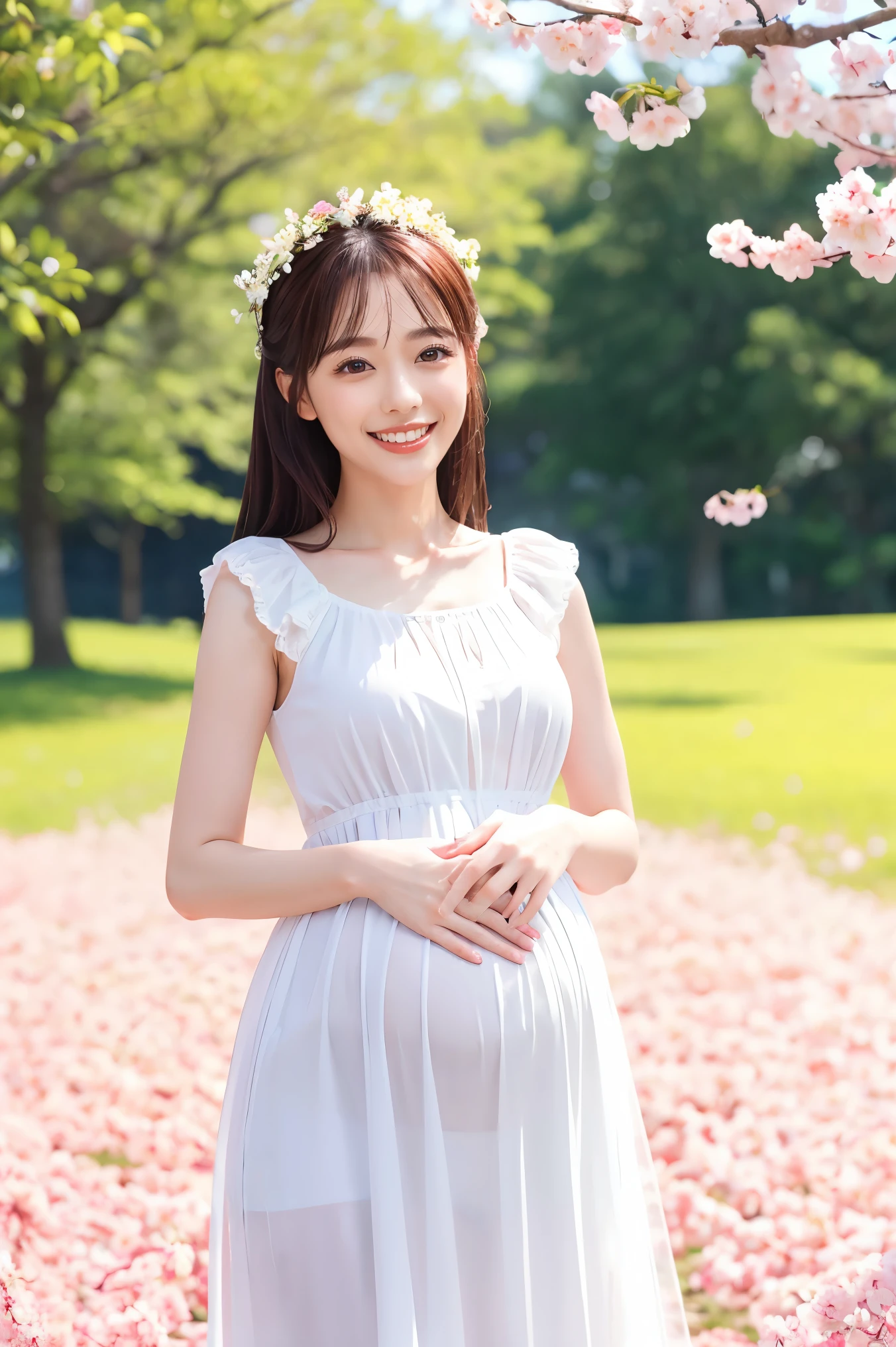 (highest quality、masterpiece、8k、Best image quality、Award-winning works)、1 female、Walk in the park、(pregnancy:1.1)、(alone:1.1)、(1 photo:1.1)、Elegant white maternity wear、See-through maternity wear、Perfect Makeup、thin、The biggest smile is looking at me、Perfect Anatomy、Standing full body photo、Blurred cherry blossoms in full bloom,、big grass park、Refreshing atmosphere、very bright and vivid、Beautiful eyes in ultra-high resolution、Ultra high resolution perfect beautiful teeth、Ultra-high definition beauty face、Ultra HD beautiful hair、Perfect teeth alignment