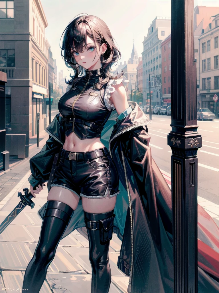 whole body, long sword, Black military uniform, Ladies' military vests, absurdres, RAW photo, extremely delicate and beautiful, masterpiece, Best Quality, ultra high resolution, 32k, hyperrealistic, ultra-detailed, tearful mole, earring, short medium hair, wavy hair, urban backdrop, shorts, midriff, 
