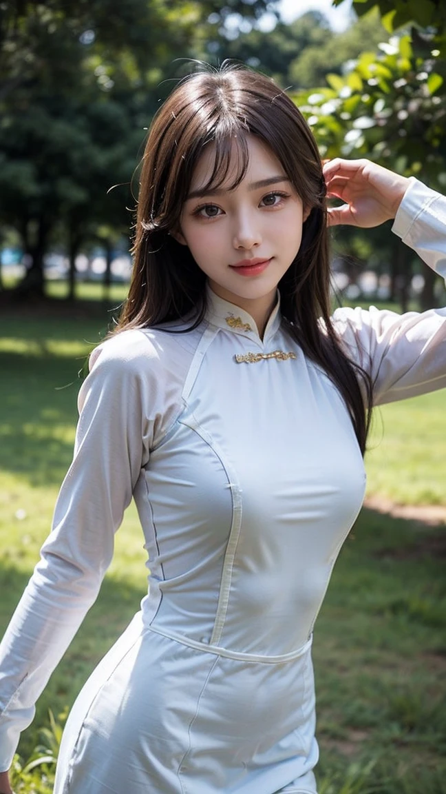 ((an innocent vietnamese girl, transparent aodai show naked body with pubic hair, seductive and sweat)), ((Masterpiece,realistic hair, layered haircut style, black-blue light: 1.3)), ((perfect body, perfect face, perfect eyes, absurd)), ((realistic, award-winning photography, trending on artstation, 16k, HDR, vibrant color, wide shot)), ((best quality, human, dynamic, color splash, front view)), ((detailed background, outdoor, garden))