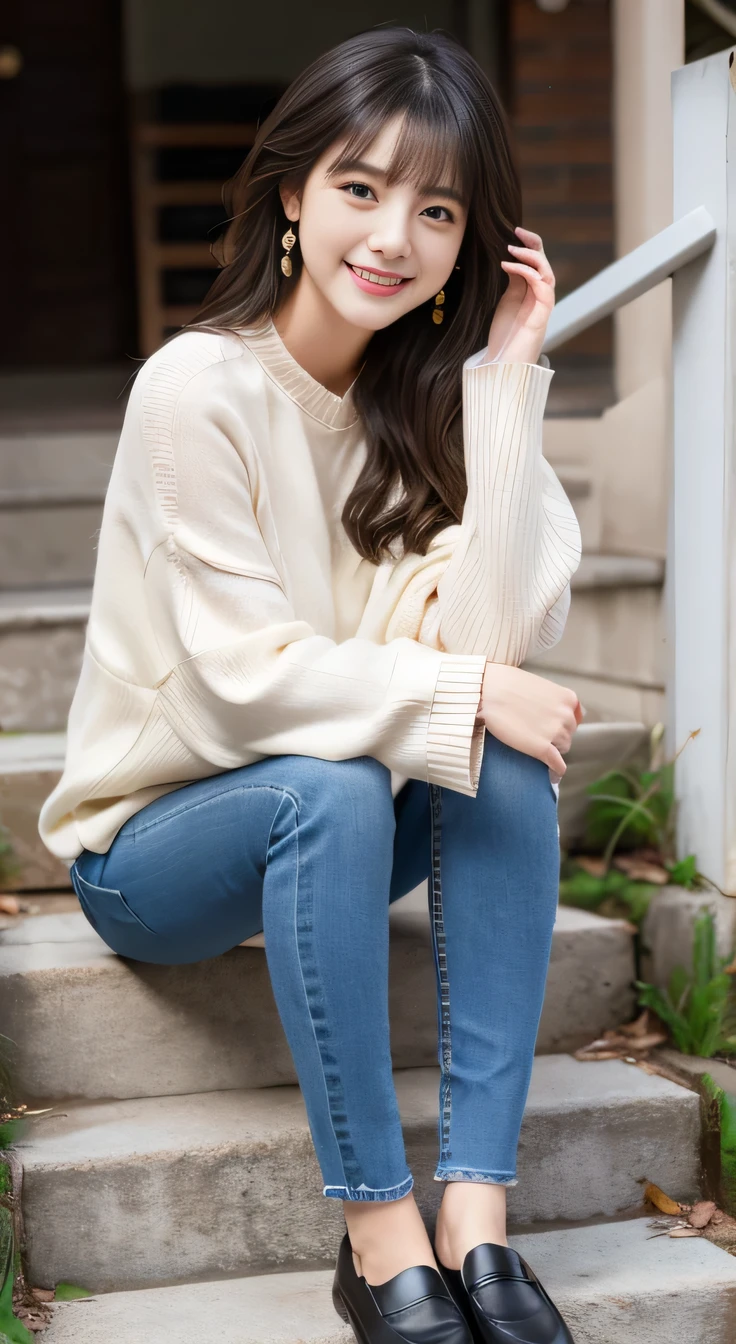 highest quality, Realistic, Very detailed, Finer details, High resolution, 8k wallpaper, One beautiful woman,Sit on the stairs、Full body photo、smile、、Long sleeve blouse、Skinny jeans、loafers、Black Hair、 Beautiful Bangs、ear piercing、Perfect dynamic composition, Beautiful and detailed, , A big smile waiting to start