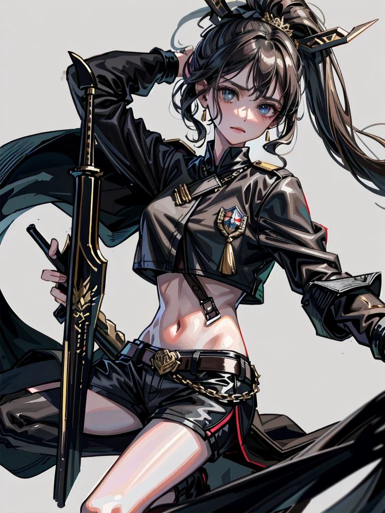 whole body, long sword, Black military uniform, Ladies' military vests, absurdres, RAW photo, extremely delicate and beautiful, masterpiece, Best Quality, ultra high resolution, 32k, hyperrealistic, ultra-detailed, tearful mole, earring, short medium hair, wavy hair, urban backdrop, shorts, midriff,