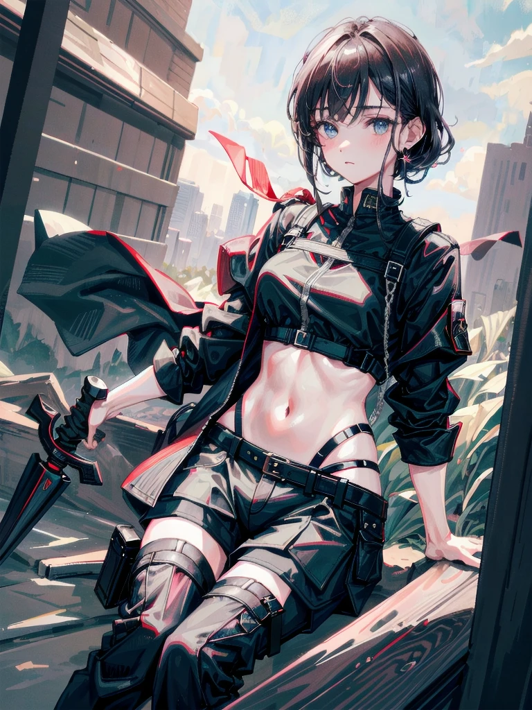 whole body, long sword, Black military uniform, Ladies' military vests, absurdres, RAW photo, extremely delicate and beautiful, masterpiece, Best Quality, ultra high resolution, 32k, hyperrealistic, ultra-detailed, tearful mole, earring, short medium hair, wavy hair, urban backdrop, shorts, midriff,