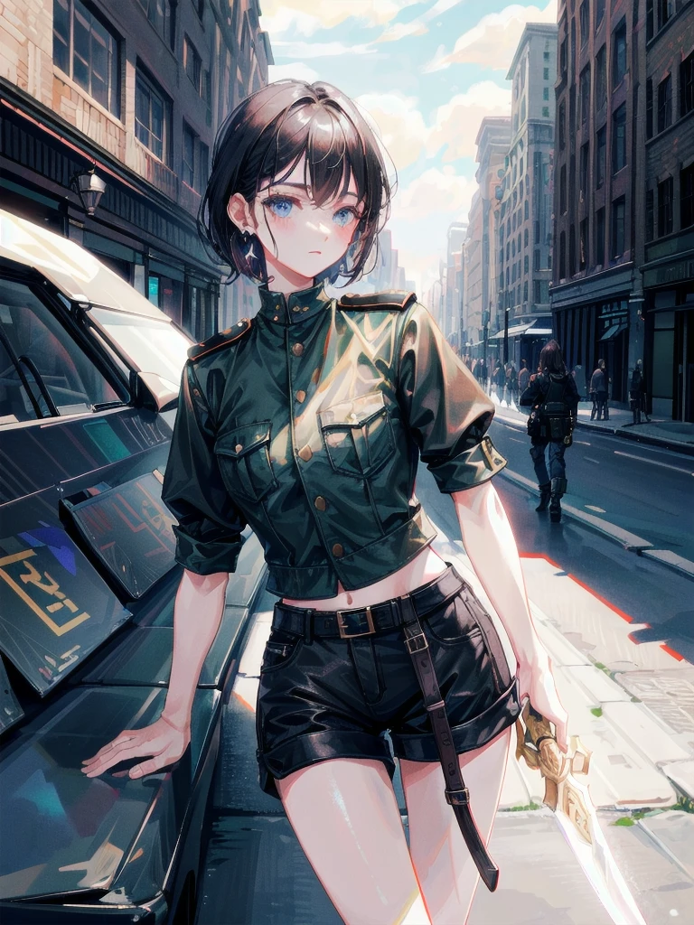 whole body, long sword, Black military uniform, Ladies' military vests, absurdres, RAW photo, extremely delicate and beautiful, masterpiece, Best Quality, ultra high resolution, 32k, hyperrealistic, ultra-detailed, tearful mole, earring, short medium hair, wavy hair, urban backdrop, shorts, midriff,
