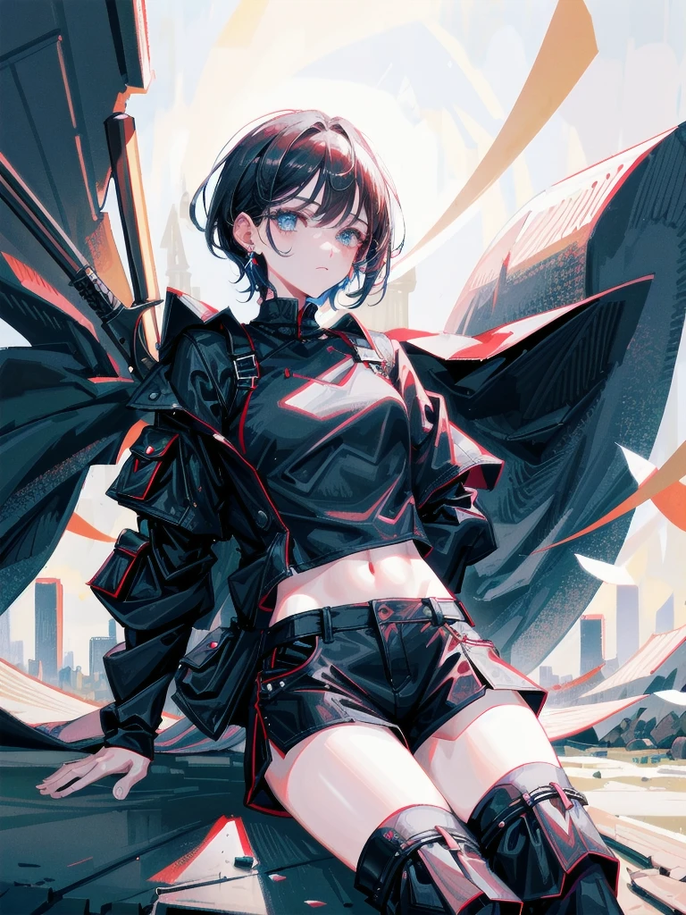 whole body, long sword, Black military uniform, Ladies' military vests, absurdres, RAW photo, extremely delicate and beautiful, masterpiece, Best Quality, ultra high resolution, 32k, hyperrealistic, ultra-detailed, tearful mole, earring, short medium hair, wavy hair, urban backdrop, shorts, midriff, 