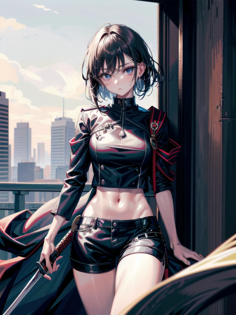 whole body, long sword, Black military uniform, Ladies' military vests, absurdres, RAW photo, extremely delicate and beautiful, masterpiece, Best Quality, ultra high resolution, 32k, hyperrealistic, ultra-detailed, tearful mole, earring, short medium hair, wavy hair, urban backdrop, shorts, midriff, 