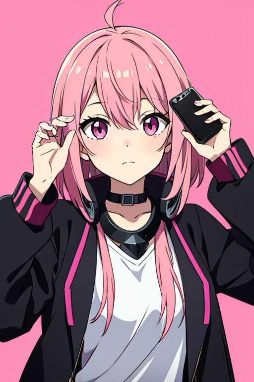 create an anime character with a black jacket with a phone around the neck, cute pink hair