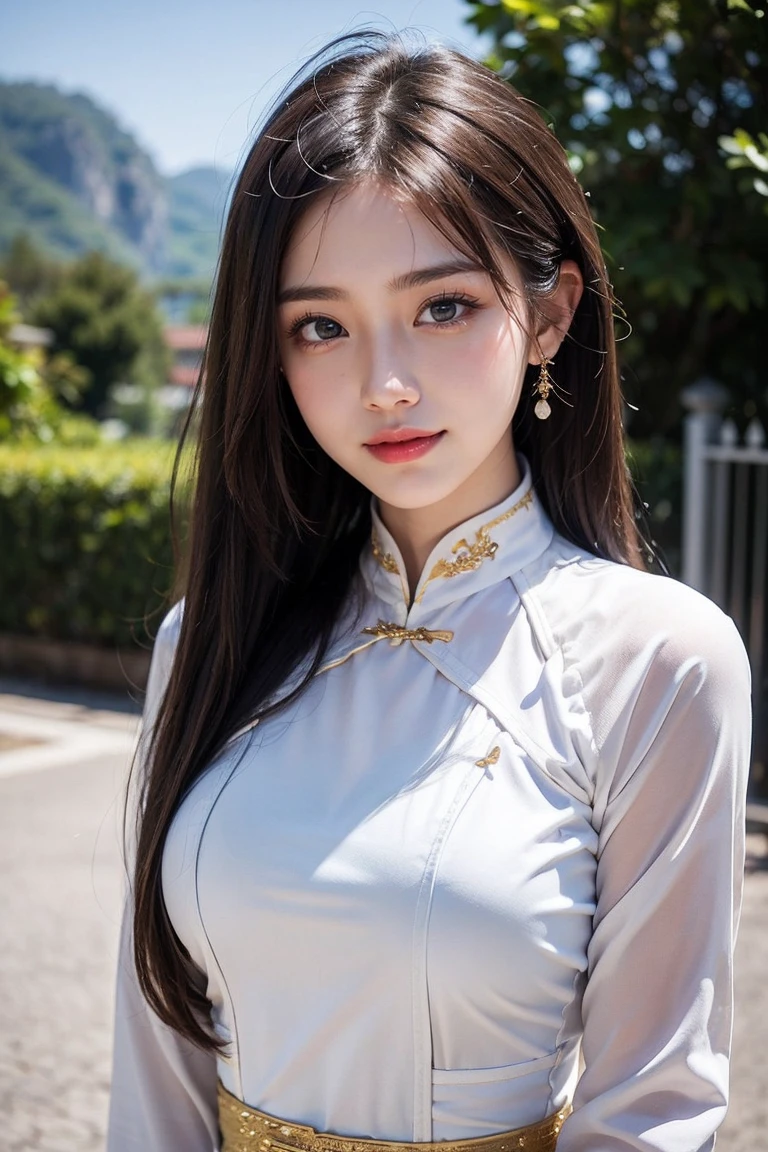 Top-quality Realistic,Official art,Highly detailed CG Unity 8k wallpaper,ultra-detailliert,hight resolution,Physically-based rendering,Magnificat,finely detail,masterpiece,Best Quality,ultra detailed,Mature beauty,Beautiful women,1girl,moist lips,sexy lips,Sexy smile,Gentle smile, 20 years old, Beautiful bare skin,Smooth bare skin, big well-shaped breasts, beautiful cleavage,beautiful Mature body,swept bangs,(Medium hair:1.3), beautiful detailed eyes,model shoot style,Japanese Idol,Full-body,((Trang An Landscape Complex)),BREAK, ((Ao dai:1.3)),(vietnamese national costume),Standing model pose,Delicately expressed eyes,cute smile,standing position,A gentle smile like a goddess, A look begging for a kiss,((Extreme close-up)),