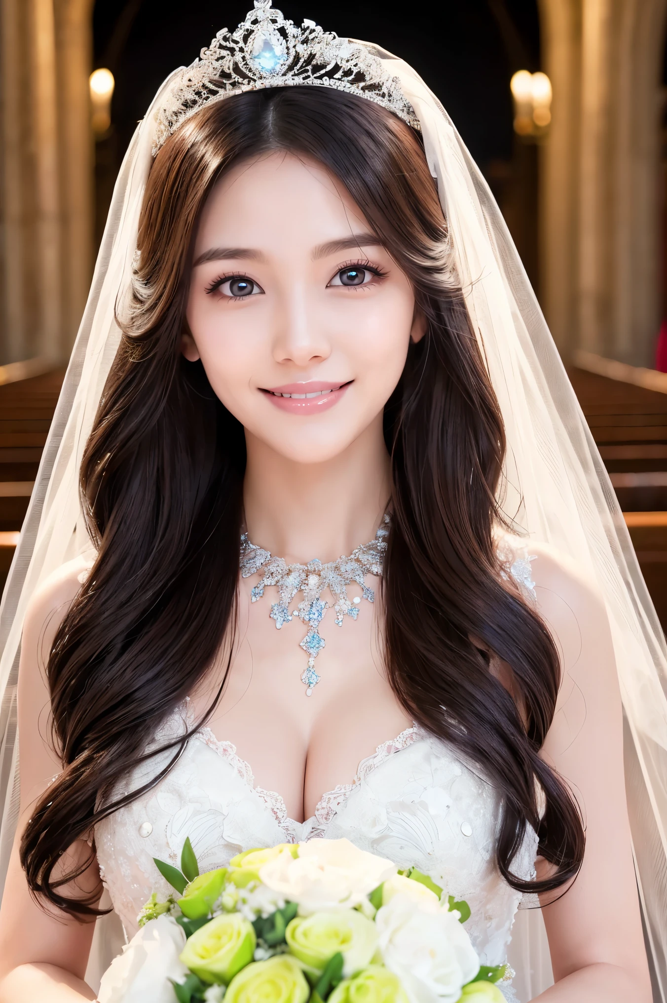 (highest quality、Tabletop、8k、Best image quality、Award-winning works)、One beautiful bride、(alone:1.1)、(The most extravagant and luxurious huge wedding dresses:1.1)、(Perfect Wedding Lace:1.2)、(The most luxurious and luxurious giant tiara:1.1)、(The most luxurious and luxurious giant necklace:1.1)、Look at me with your best smile、A large amount of the finest jewelry、Upper body photo、Perfect Makeup、Long eyelashes、Ultra-high definition sparkling eyes、Ultra HD Hair、Ultra High Resolution Glossy Lips、Ultra High Resolution Perfect Teeth、Super high resolution beautiful face、(Accurate anatomy:1.1)、(Very bright and beautiful skin:1.2)、(very bright and vivid:1.2)、Short bridal hairstyle、A gorgeous and elegant church、Gorgeous beautiful church
