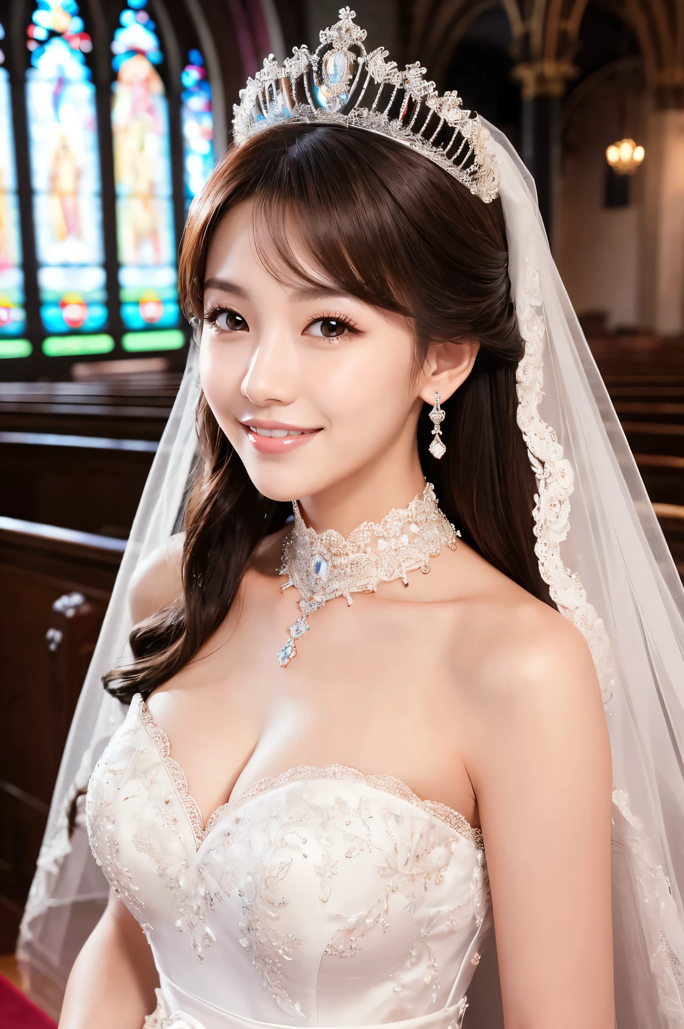 (highest quality、Tabletop、8k、Best image quality、Award-winning works)、One beautiful bride、(alone:1.1)、(The most extravagant and luxurious huge wedding dresses:1.1)、(Perfect Wedding Lace:1.2)、(The most luxurious and luxurious giant tiara:1.1)、(The most luxurious and luxurious giant necklace:1.1)、Look at me with your best smile、A large amount of the finest jewelry、Upper body photo、Perfect Makeup、Long eyelashes、Ultra-high definition sparkling eyes、Ultra HD Hair、Ultra High Resolution Glossy Lips、Ultra High Resolution Perfect Teeth、Super high resolution beautiful face、(Accurate anatomy:1.1)、(Very bright and beautiful skin:1.2)、(very bright and vivid:1.2)、Short bridal hairstyle、A gorgeous and elegant church、Gorgeous beautiful church