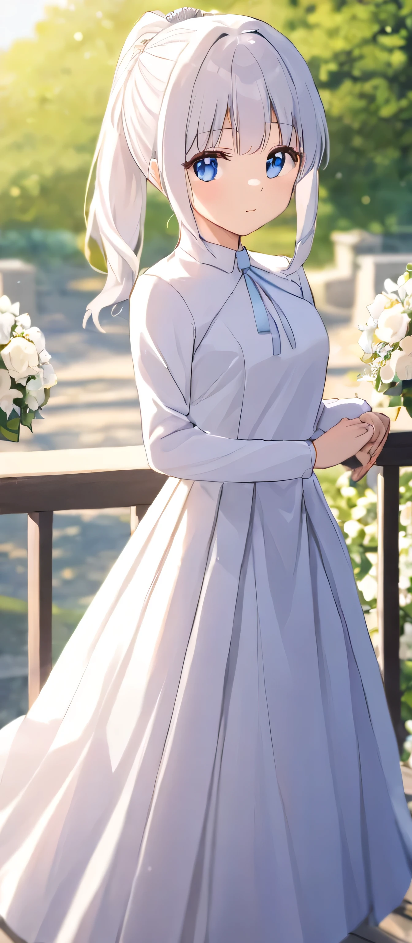 1girl, mature_girl, wedding_dress, solo, inoue_takina, pony_tail, one-tone_dress, pleated_dress, blue_eyes, dress, white_dress, outdoors, bangs, white_hair, looking_at_viewer, closed_mouth, long_sleeves, white_dress, wedding_ceremony, holding_hands, day, ornament_wedding, blurry_background, blurry, flowers, railing