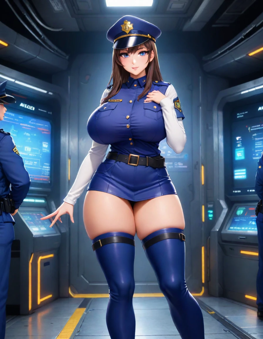 (masterpiece), (best quality), (high res),1girl, tall body, beautiful detailed eyes, beautiful detailed face, cute face, perfect hands, complete fingers, perfect anatomy, perfect proportions, ((hat, dark blue police hat)), ((microskirt, matching microskirt)), ((boots, matching boots)), gigantic breasts, long stockings with garters, fingerless gloves, (full body portrait), looking at viewer, solo, solo focus, standing, police uniform, cowboy shot, space station backdrop, indoors, (belt, tight belt), (armbands, white sleeves), full body costume design.