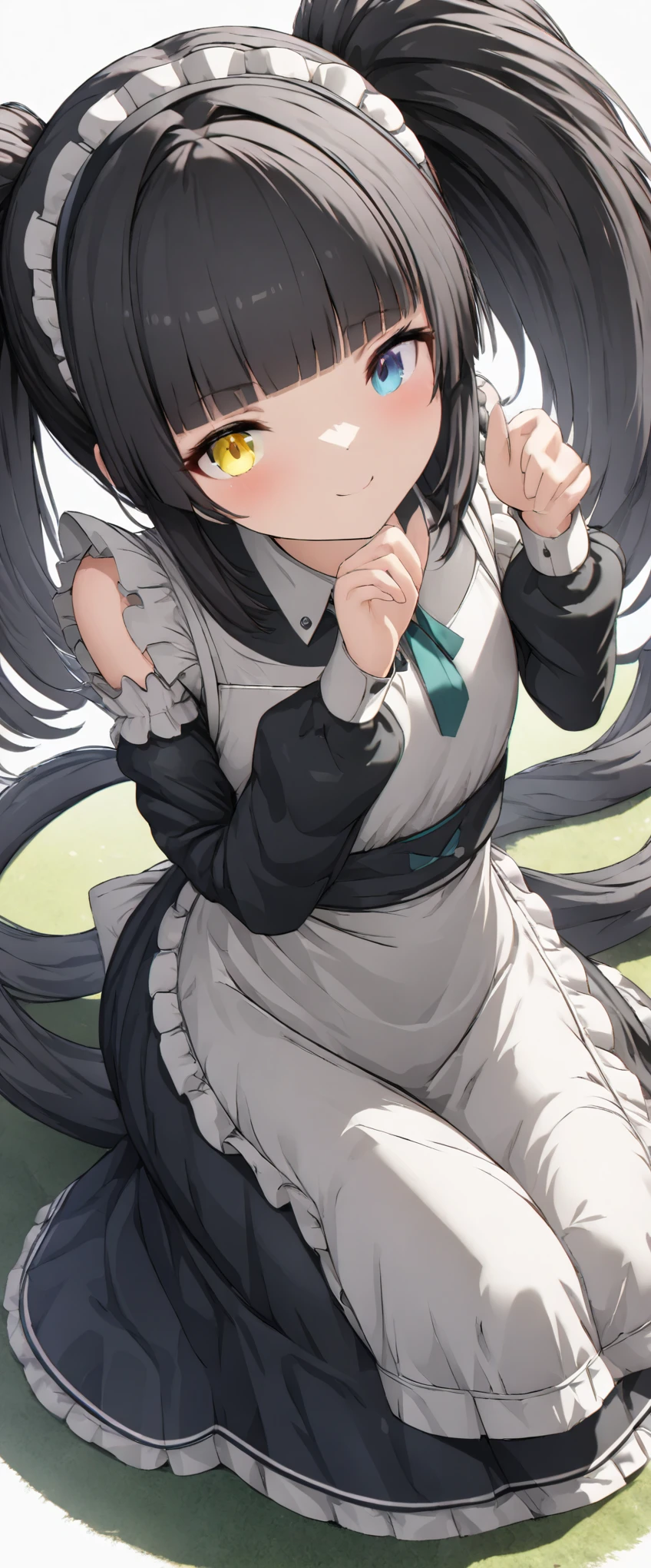 (((best quality ultra-detailed,unity 8k))),(edwardian Maid),long skirt(,heterochromia green eye yellow eye),smile,Garden of the mansion,(((low twin tail:1.5))),Black Hair,(((medium hair))),((blunt bangs:1.8)),Two knots