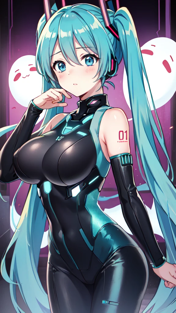 Hatsune Miku Vocaloid, Twin Tails, Light Blue Eyes, Light Blue Hair, Pichi Pichi Bodysuit, Cyber punk, Ghost in the Shell, Ultimate Physical Beauty, Beautiful Eyes, embarrassed look , ((Big Breasts)), 8K CG, Top Quality, Best Image Quality,