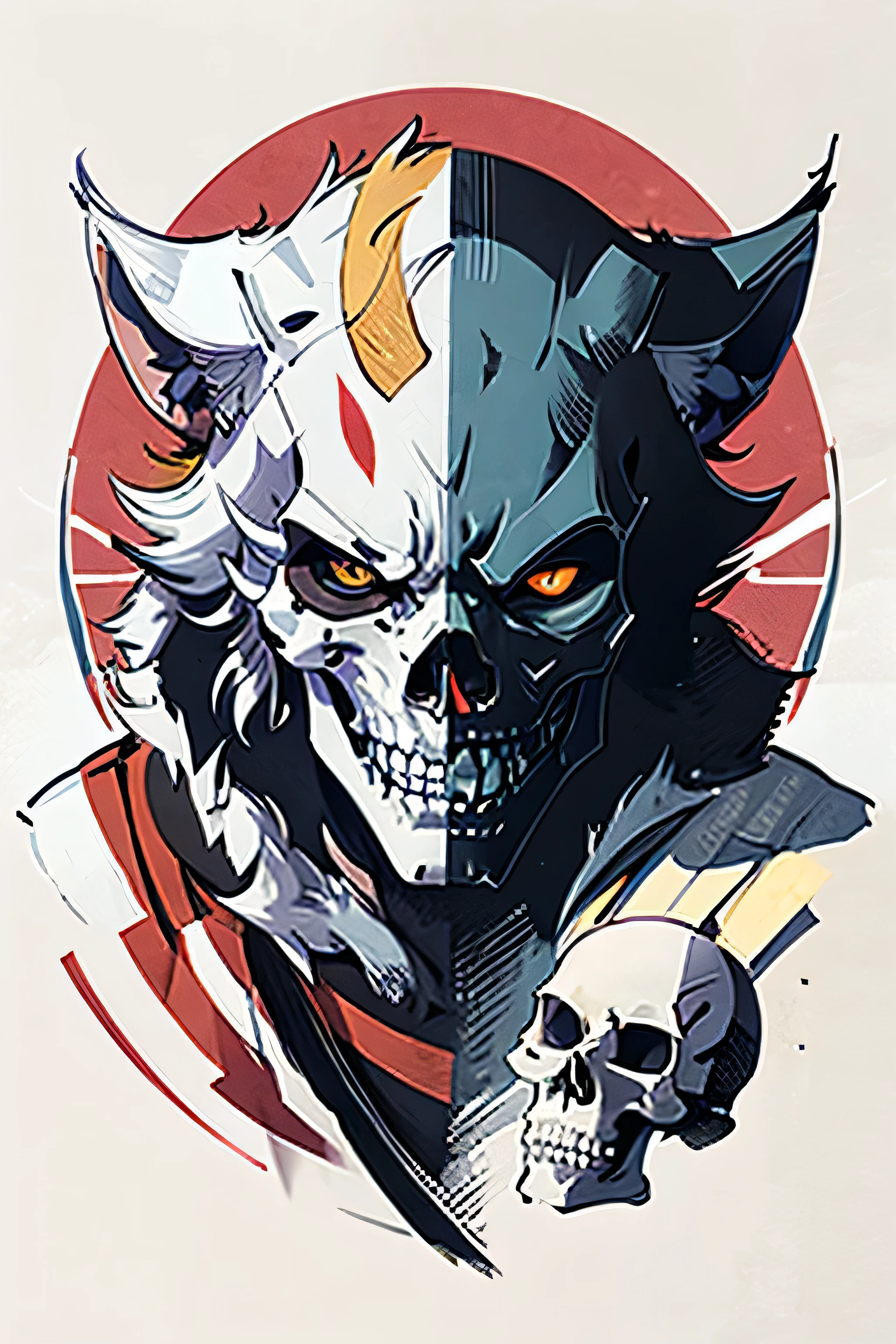 A skull cat with an oni mask, samurai