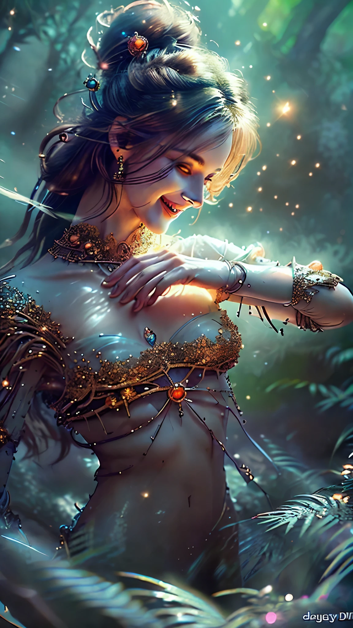 ((beautyful fantasy world)), ((beautyful fantasy world)), ((heaven)), sparkling elements, colourful crystal, forest, sunlight, sparkling complex fashion, smile, insane detail, hyper realistic, UHD, RAW, 16K.