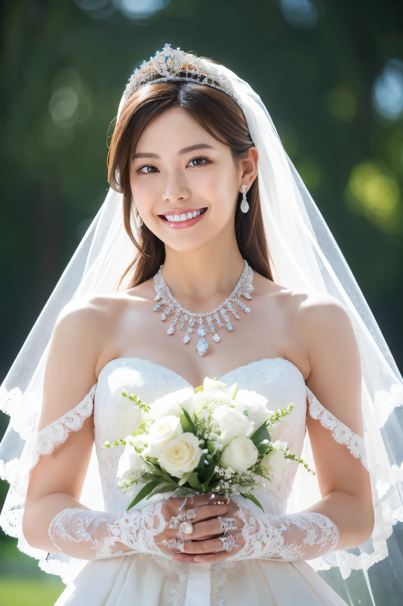(highest quality、Tabletop、8k、Best image quality、Award-winning works)、One beautiful bride、(alone:1.1)、(The most extravagant and luxurious huge wedding dresses:1.1)、(Perfect Wedding Lace:1.2)、(The most luxurious and luxurious giant tiara:1.1)、(The most luxurious and luxurious giant necklace:1.1)、Look at me with your best smile、A large amount of the finest jewelry、Upper body photo、Perfect Makeup、Long eyelashes、Ultra-high definition sparkling eyes、Ultra HD Hair、Ultra High Resolution Glossy Lips、Ultra High Resolution Perfect Teeth、Super high resolution beautiful face、(Accurate ???????:1.1)、(Very bright and beautiful skin:1.2)、(very bright and vivid:1.2)、Short braided hair、Beautiful clear sky、Beautiful cumulonimbus clouds、Summer sky、Gorgeous and elegant church background、Gorgeous beautiful church exterior