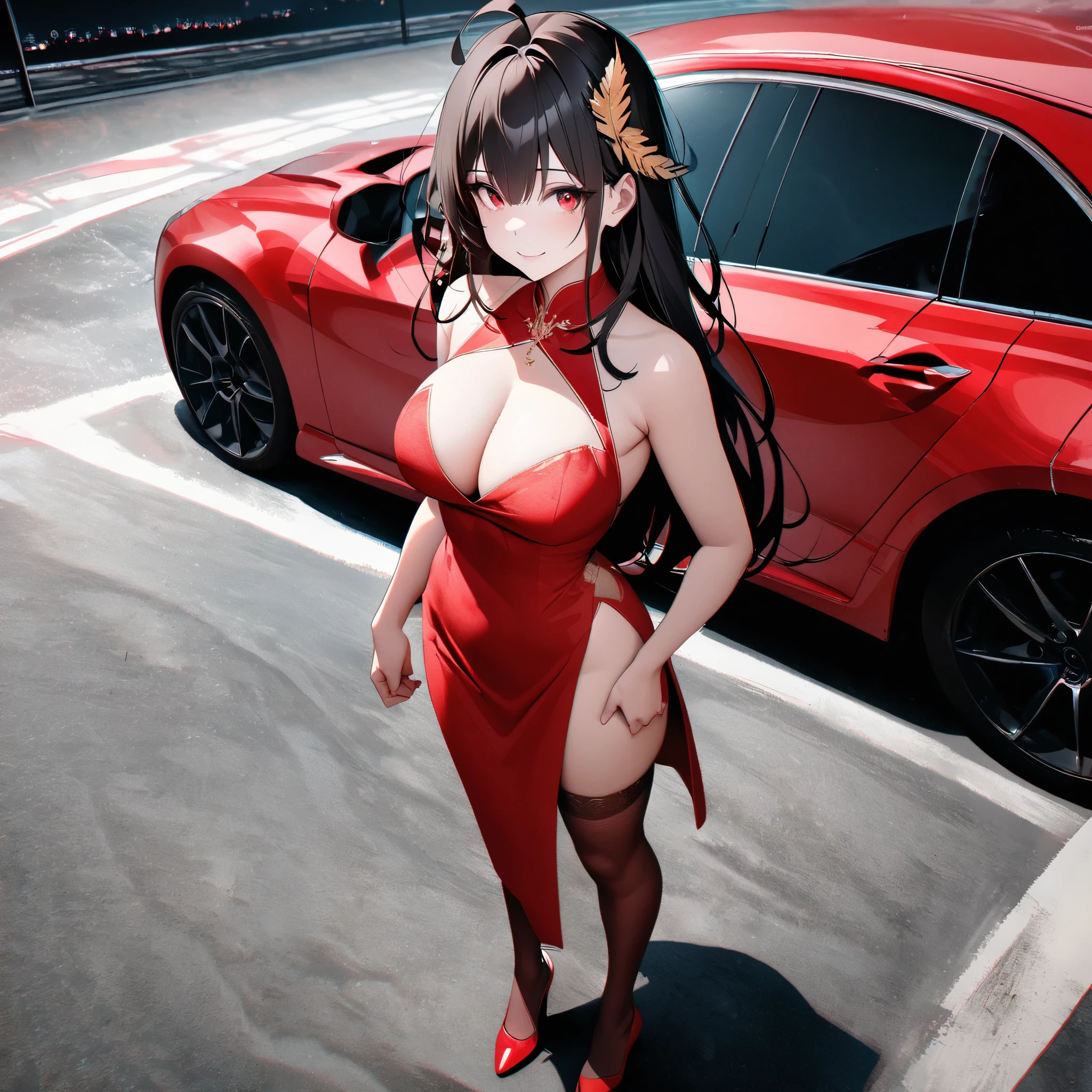 A woman wearing a low-cut red dress, empty shoulders, long black hair, Ahoge, golden bow in her hair, golden feather in her hair, red eyes, smiling, red heels, long brown stockings, standing on, full length, a concrete runway on the side of a luxury red car, big breasts, night location, background lit location with trees,solid circle eyes, Surrealism, drop shadow, anaglyph, stereogram, tachi-e, pov, atmospheric perspective, 8k, super detail, ccurate, best quality, award winning, textured skin, highres, anatomically correct, bokeh effect, (woman solo)
